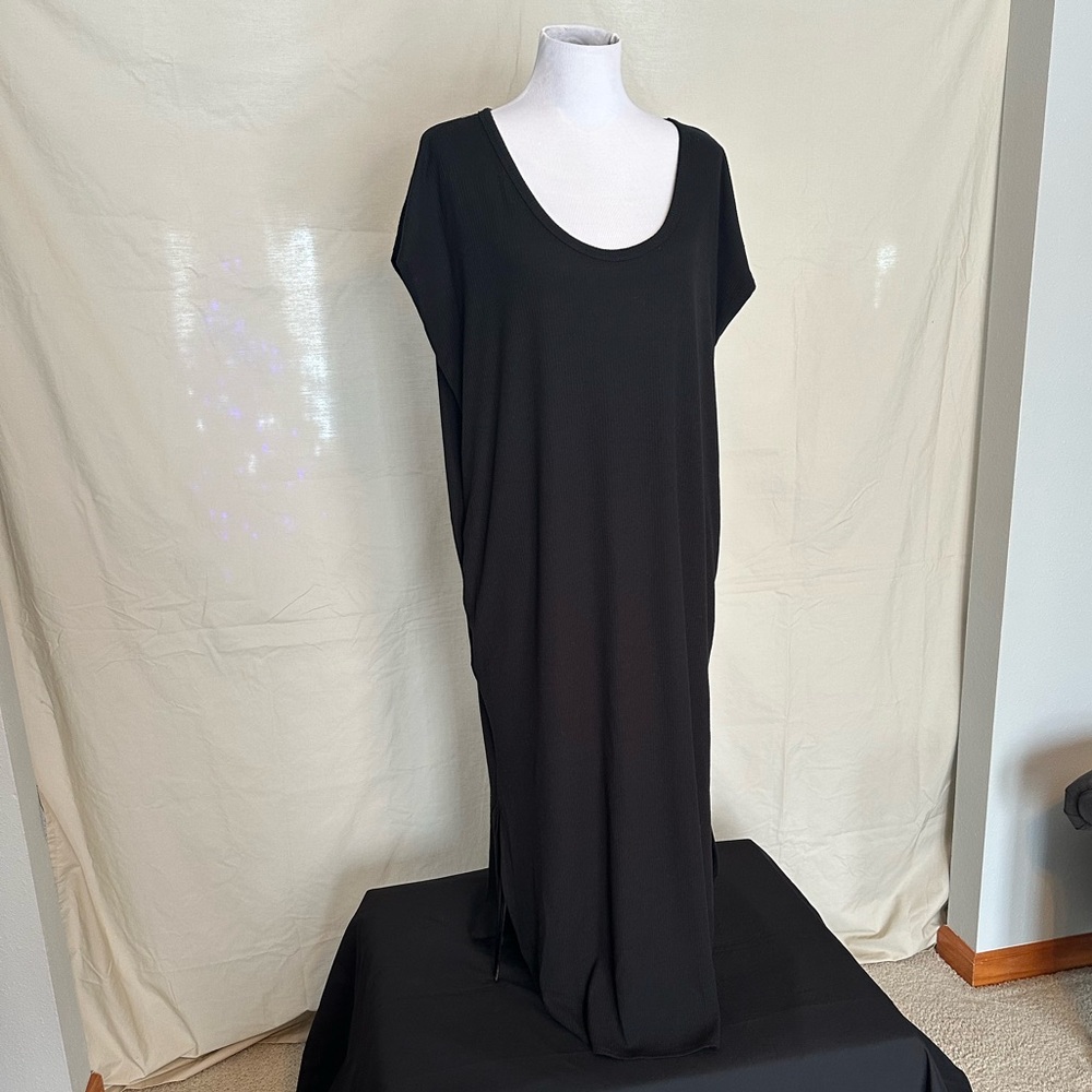 Maxi Dress pockets mts ribbed XL black split side soft comfy chic scoop neck